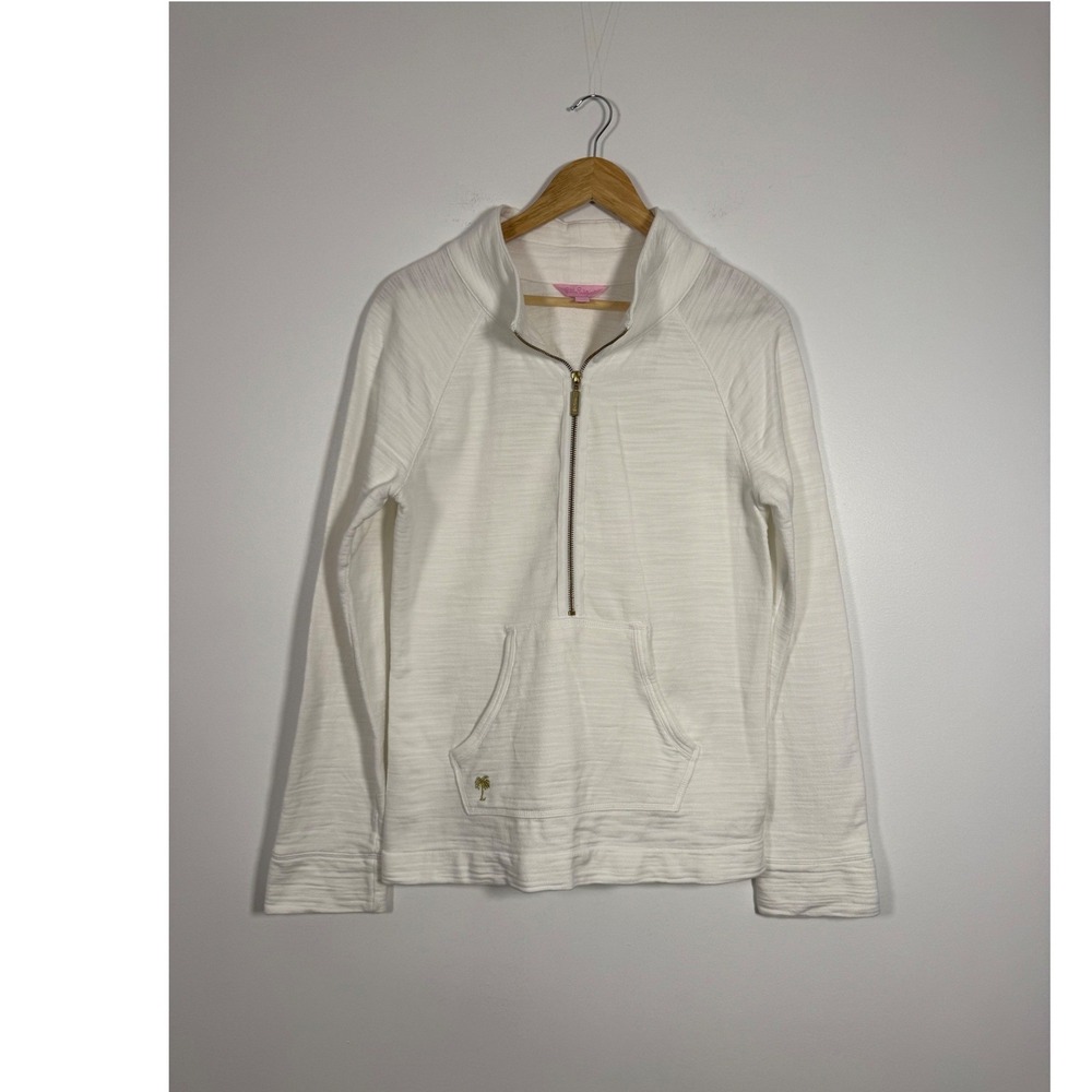 Coastal Lilly Pulitzer Womens Med Pullover White Slub Cotton Palm Tree Half Zip